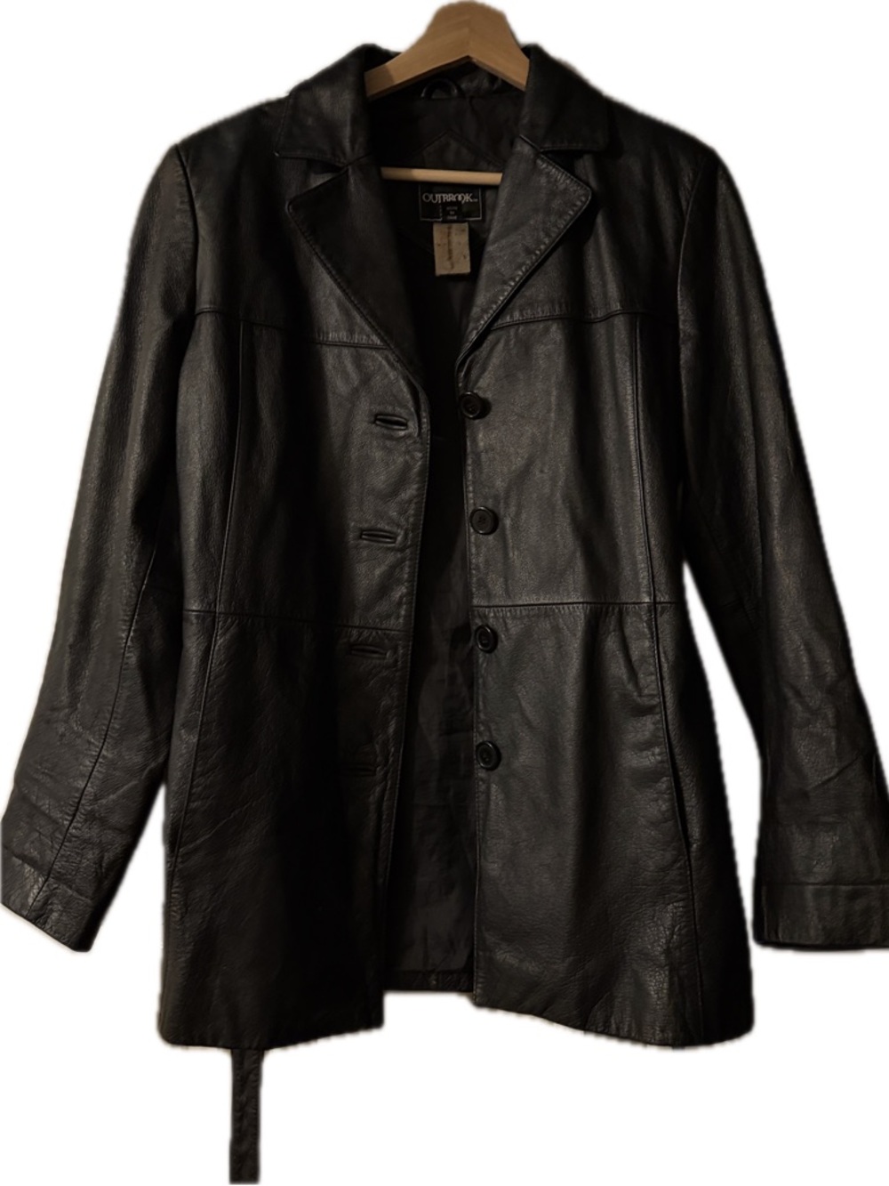 Outbrook Vintage Black Genuine Leather Jacket / Blazer buttons belt, Size S